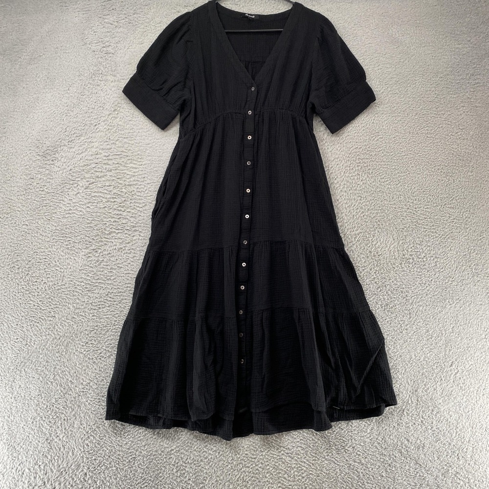 Madewell Midi Dress Womens 14 Black Button Front Tiered Gauze Midi Shirt Pockets